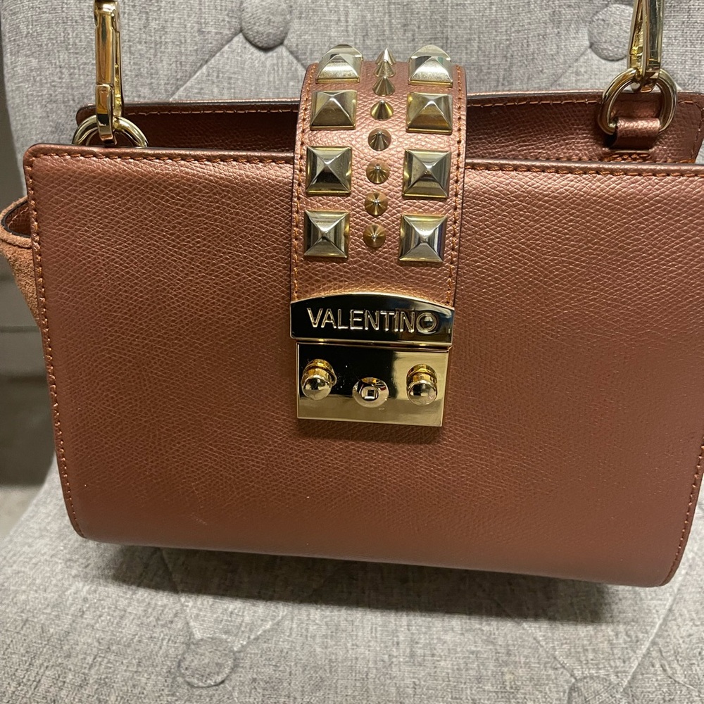 Valentino Tan Leather Crossbody with Gold Studs